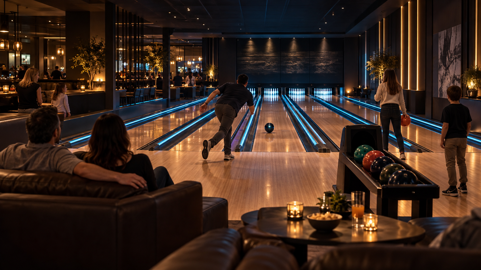 Modern beleuchtete Bowlingbahnen im Strike & Social